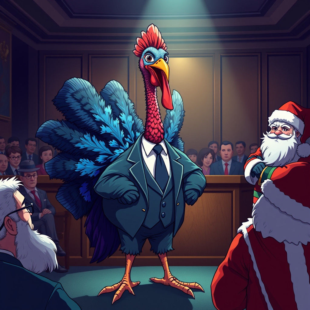 A cartoon turkey in court suing Santa Clause