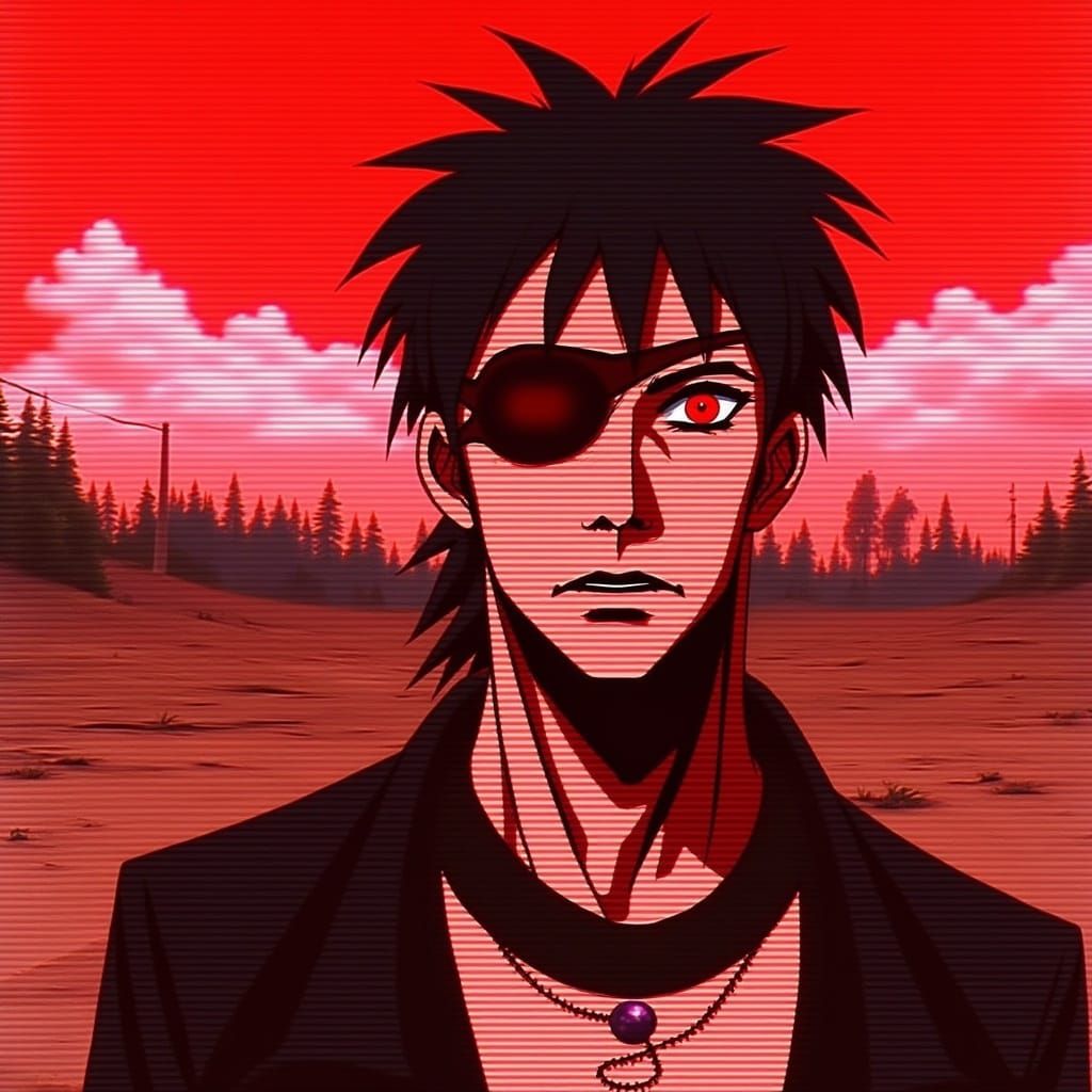 <lora:BlackWolf RedGlitch:0.7>
Damaged 1980s anime, red VHS glitches, post-apocalyptic landscape.