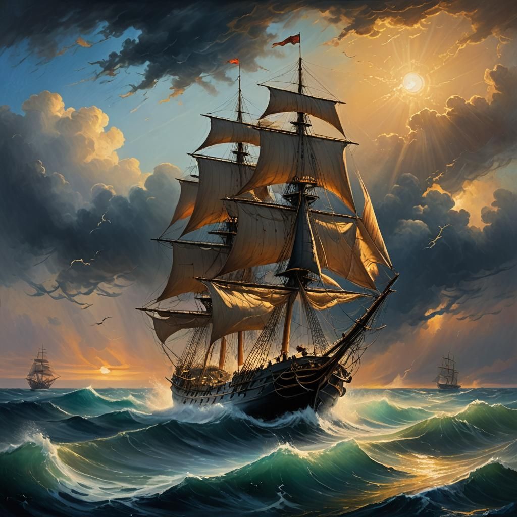 Sailing ship with black sails with Jolly Roger in a very rou...