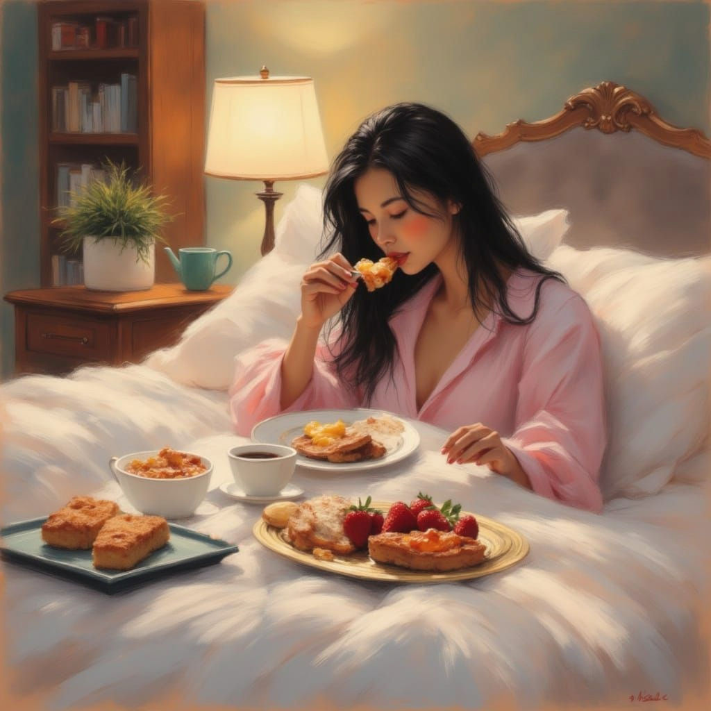 <lora:Morgane:1.0>Lady in pajama eating breakfeast in bed.