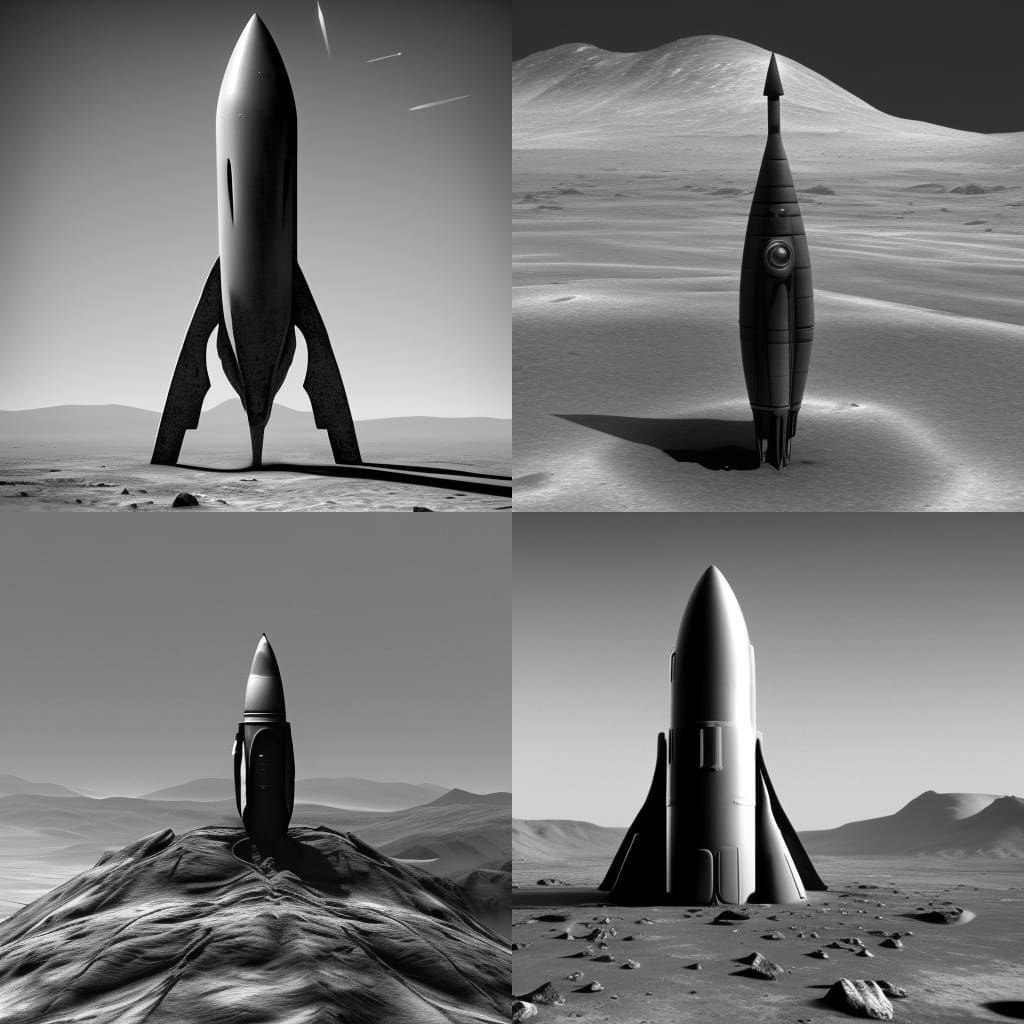 B&W vintage photograph of a deco rocketship on the planet Mars, circa ...