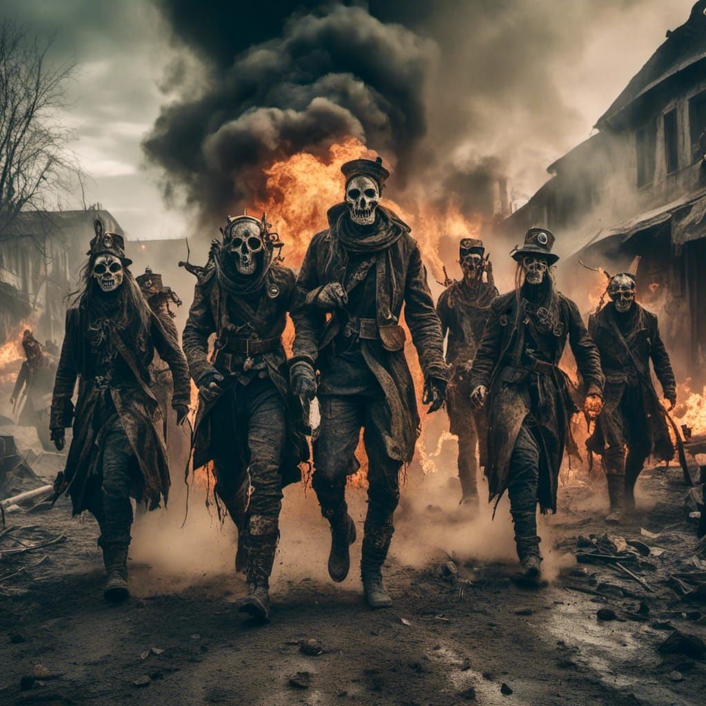 <lora:Eclipse:1.0>  Soldiers dressed in the steampunk style dirty and defeated stride towards the camera through a burning postapocalyptic t...