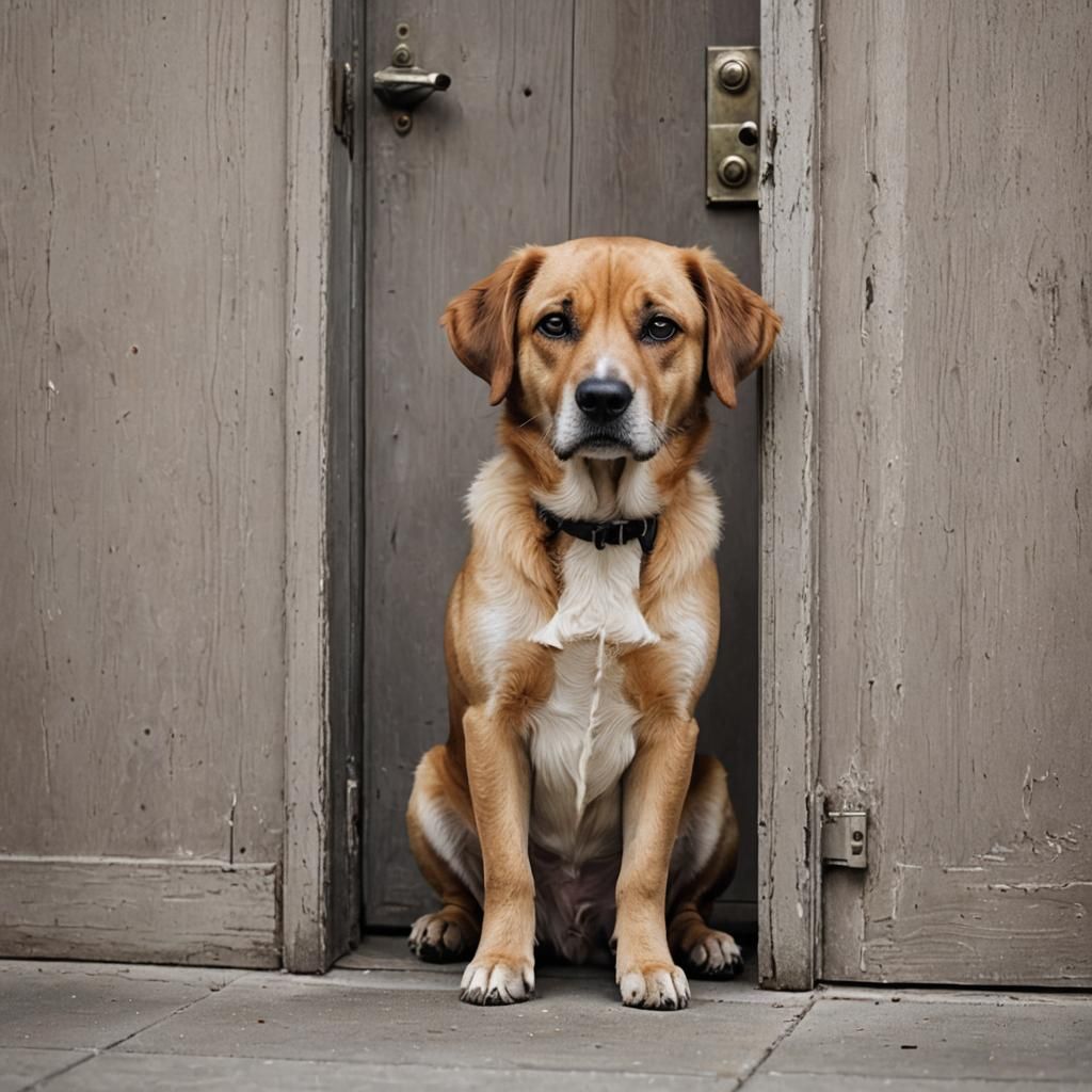 Sad dog waiting for its owner at the door