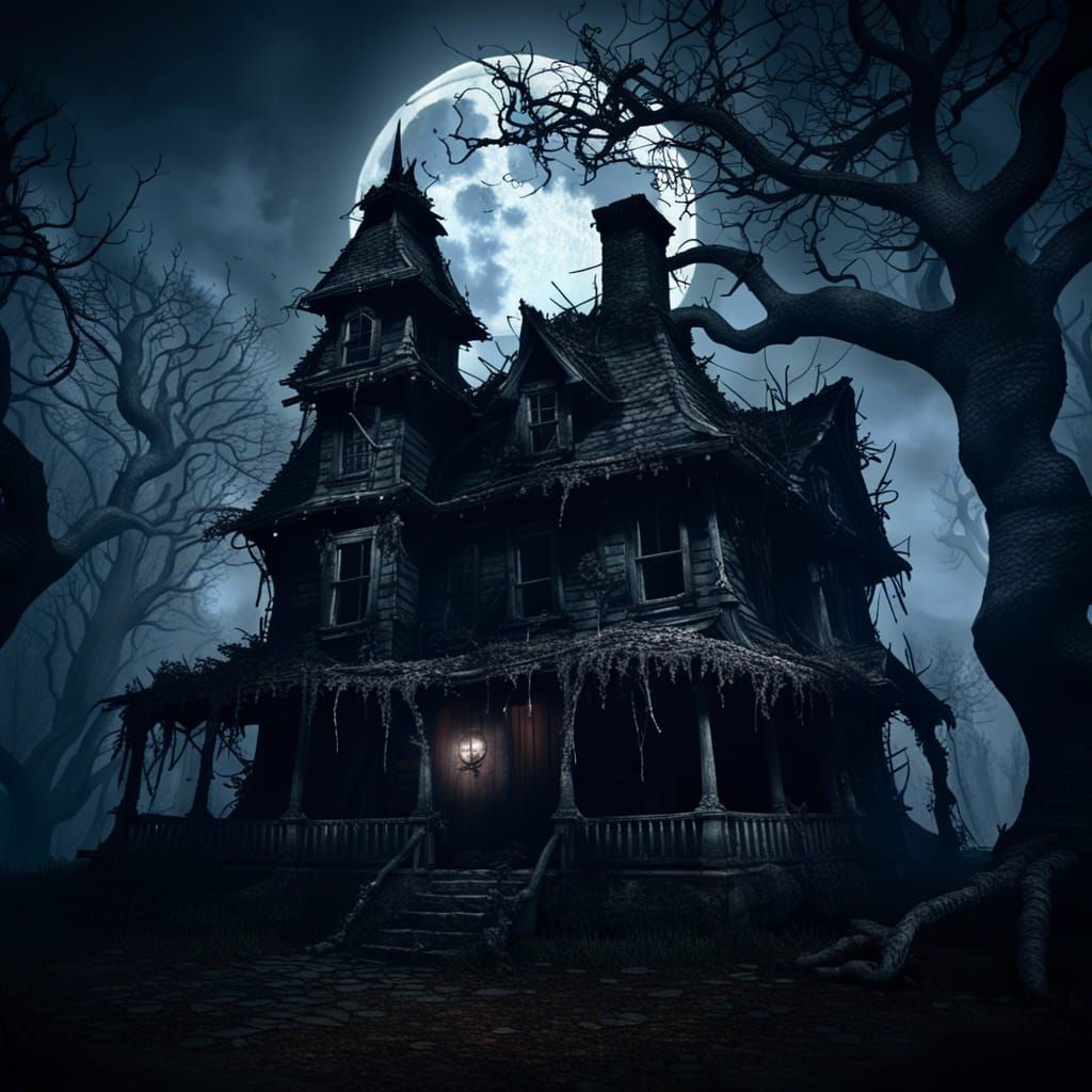 the ominous exterior of a decrepit, haunted witch's house.  by @undefined