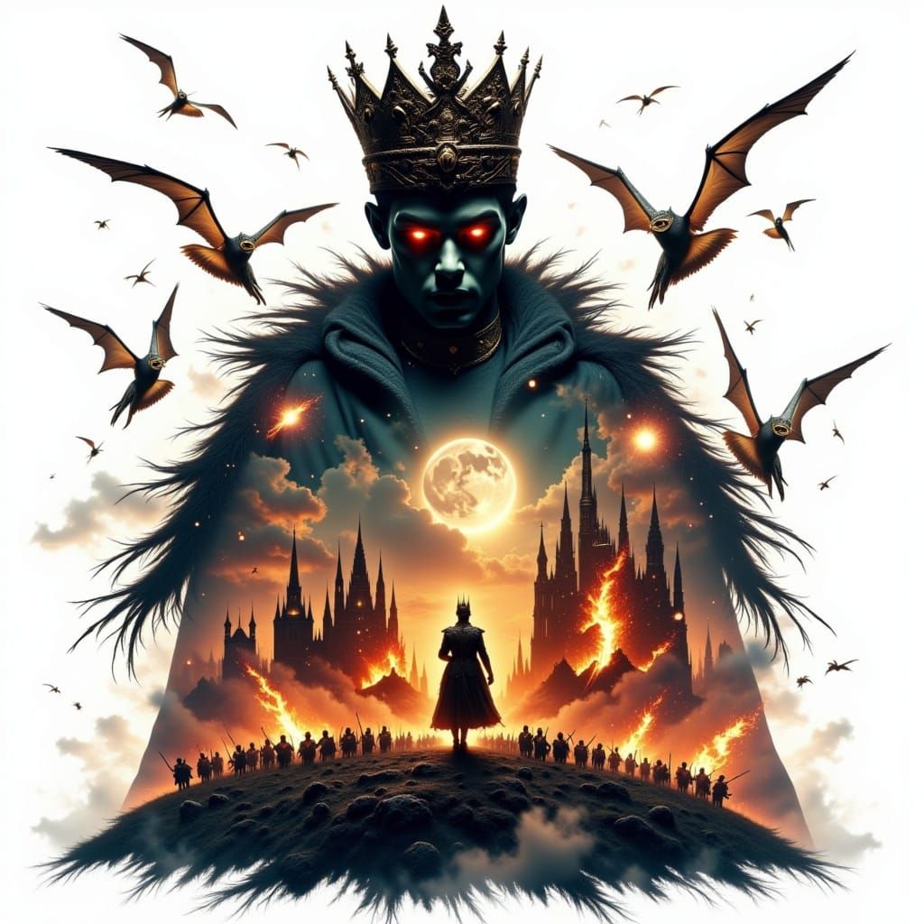 <lora:DoubleExposure:1.0>A breathtaking double exposure illustration featuring a sinister silhouette of a corrupt king with an insatiable t...