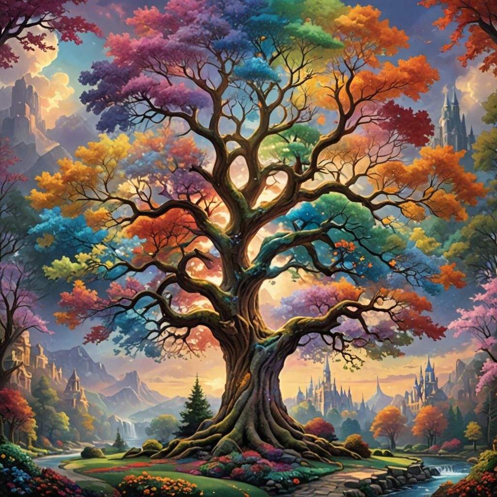 Four Seasons Multicolored Tree of Life Poster with Framed Canvas Print Painting by Thomas Kinkade. art ...  by @pat lewis