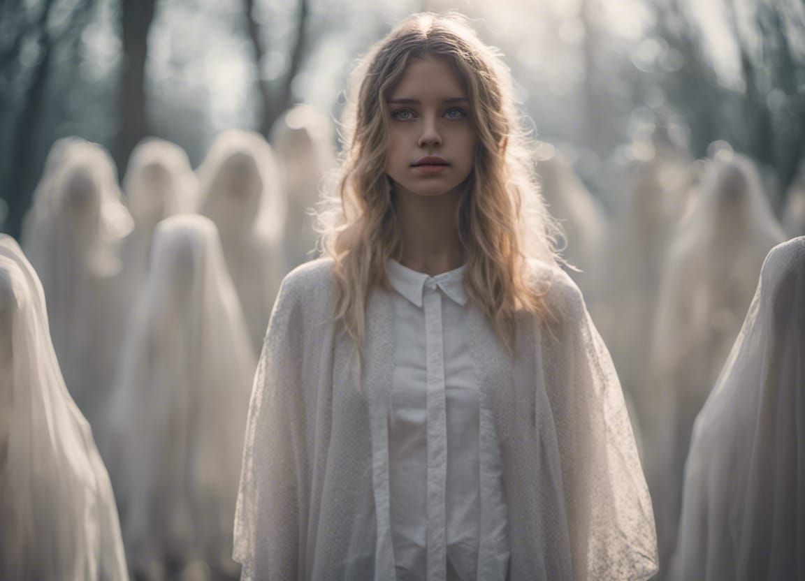 "Human girl, half ghost, half human, surrounded by ghosts" AI
