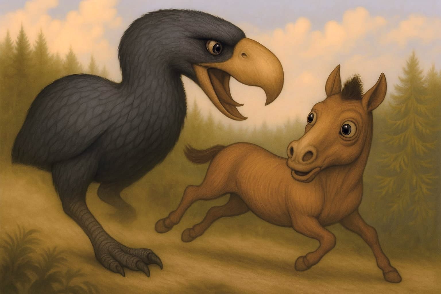 The Terror Bird Gastornis Chasing the Dwarf Horse Eohippus