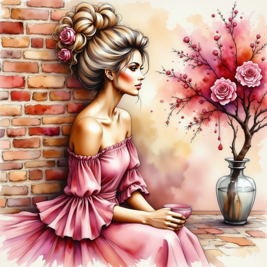 <lora:WatercolorPaintiFlux:1.0> Stunning Woman, blond Hair, Sleek Chignon, Wearing pink Peplum Top and Skirt, Sitting Against a Red and Beig...