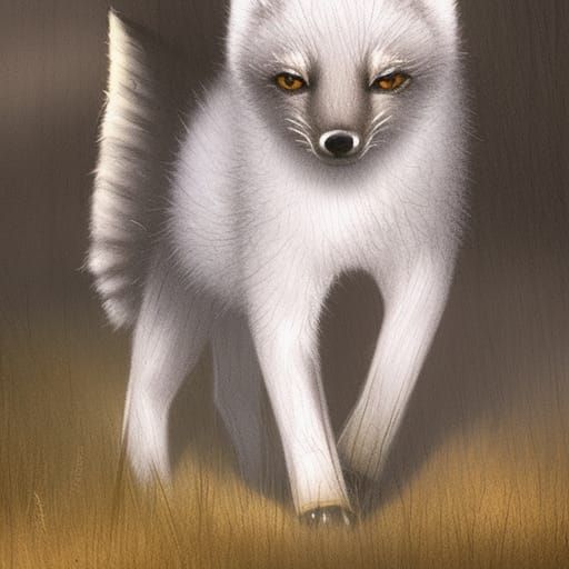 A small baby arctic fox wandering a forest at night with a i...