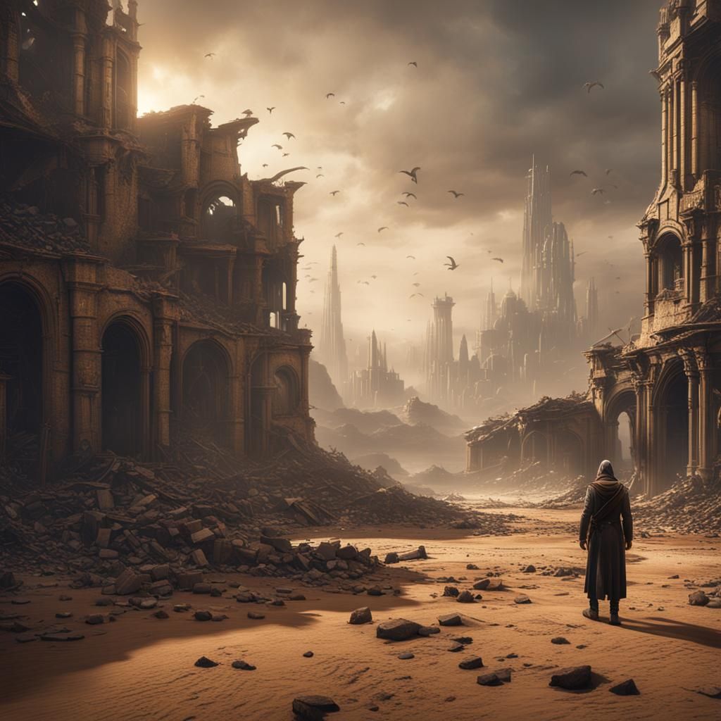 A once-flourishing city in ruins, overtaken by sand and dust...
