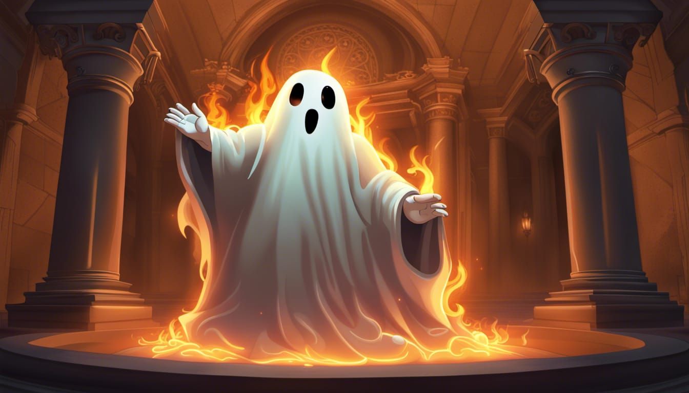 a glowing outline of a standing on-fire cute happy obese Ghost, with ...