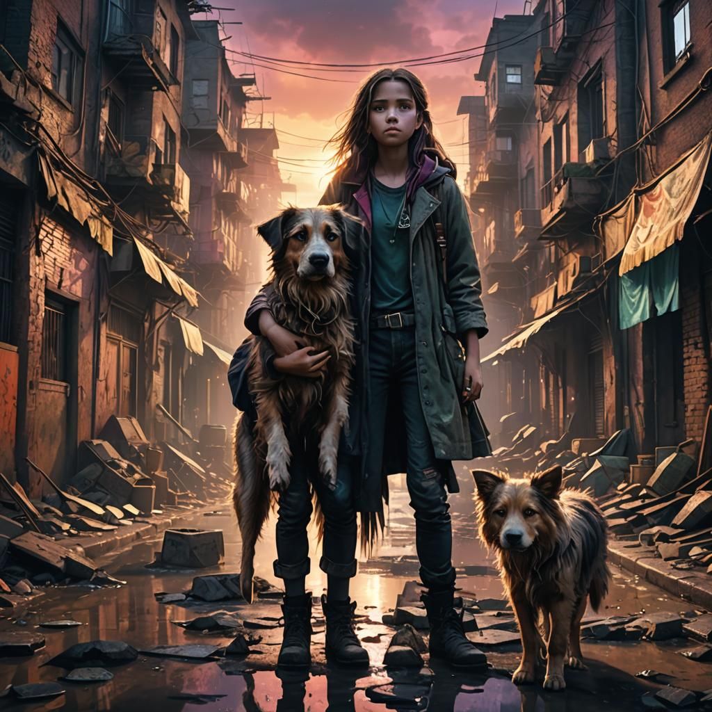 Girl and Dog in Dystopian Slums: Hyperrealistic Render