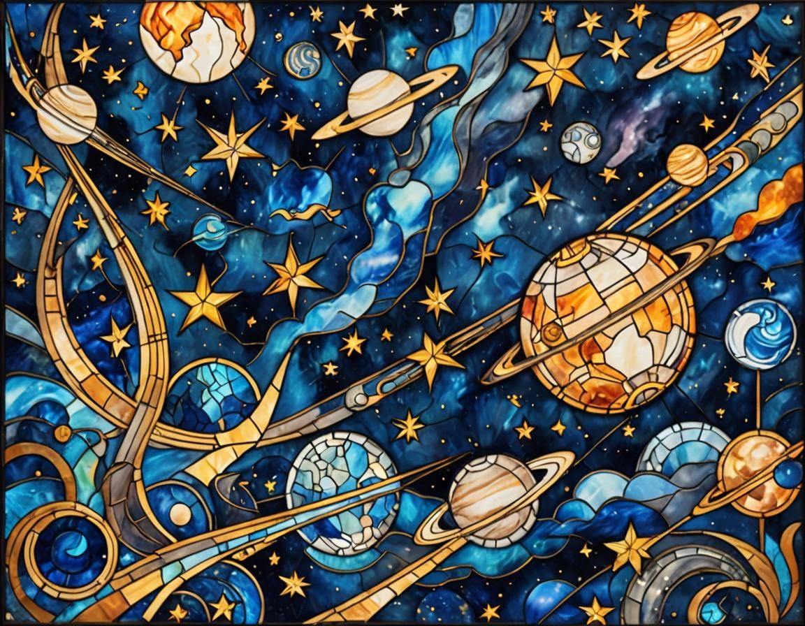 Sapphire night sky stained glass with elements of smoke lines, stars, moon, planets, comets, shooting ...  by @JOSE EDUARDO CUNHA SANTOS