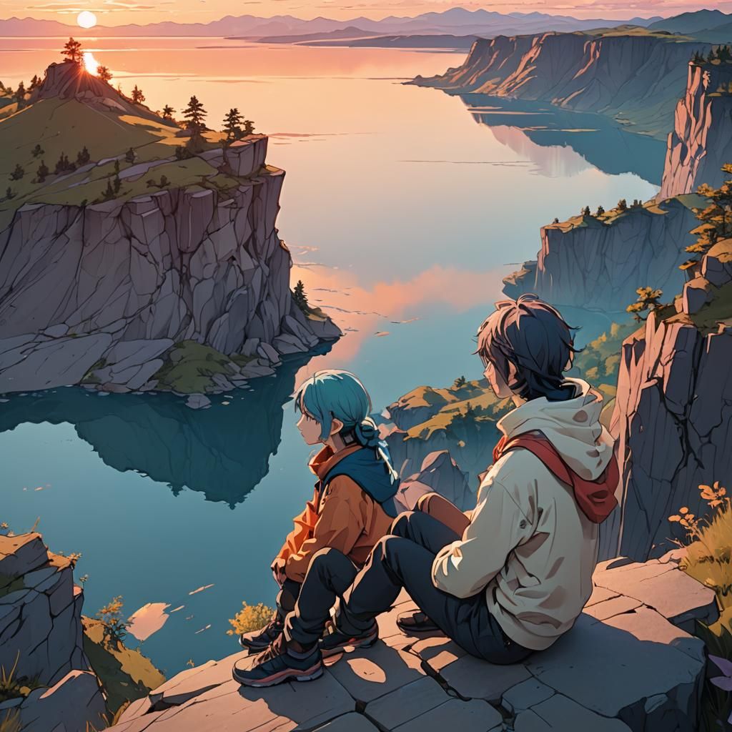 Melancholic Anime Character Overlooking Lake at Sunset