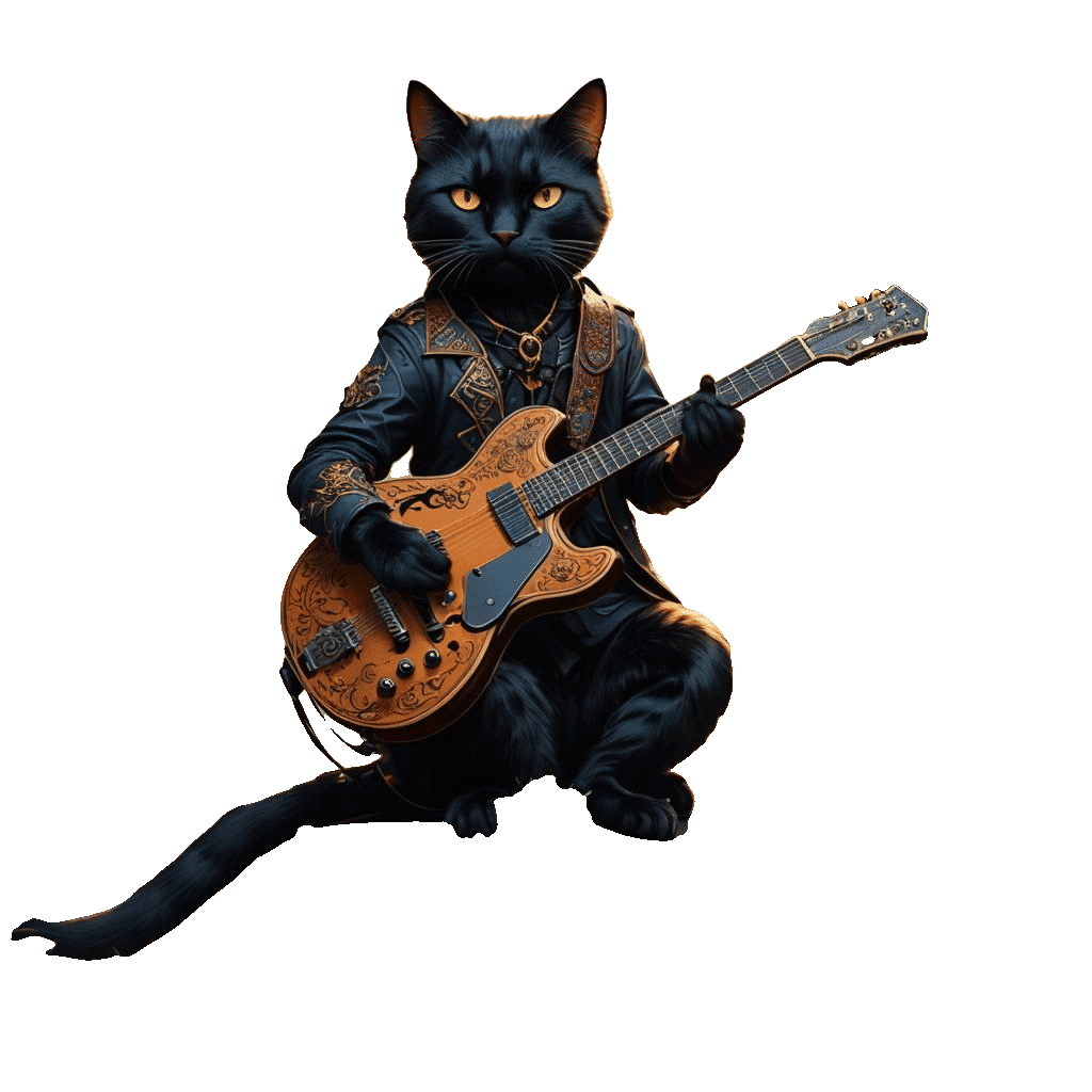 Black cat with guitar, songs, music.