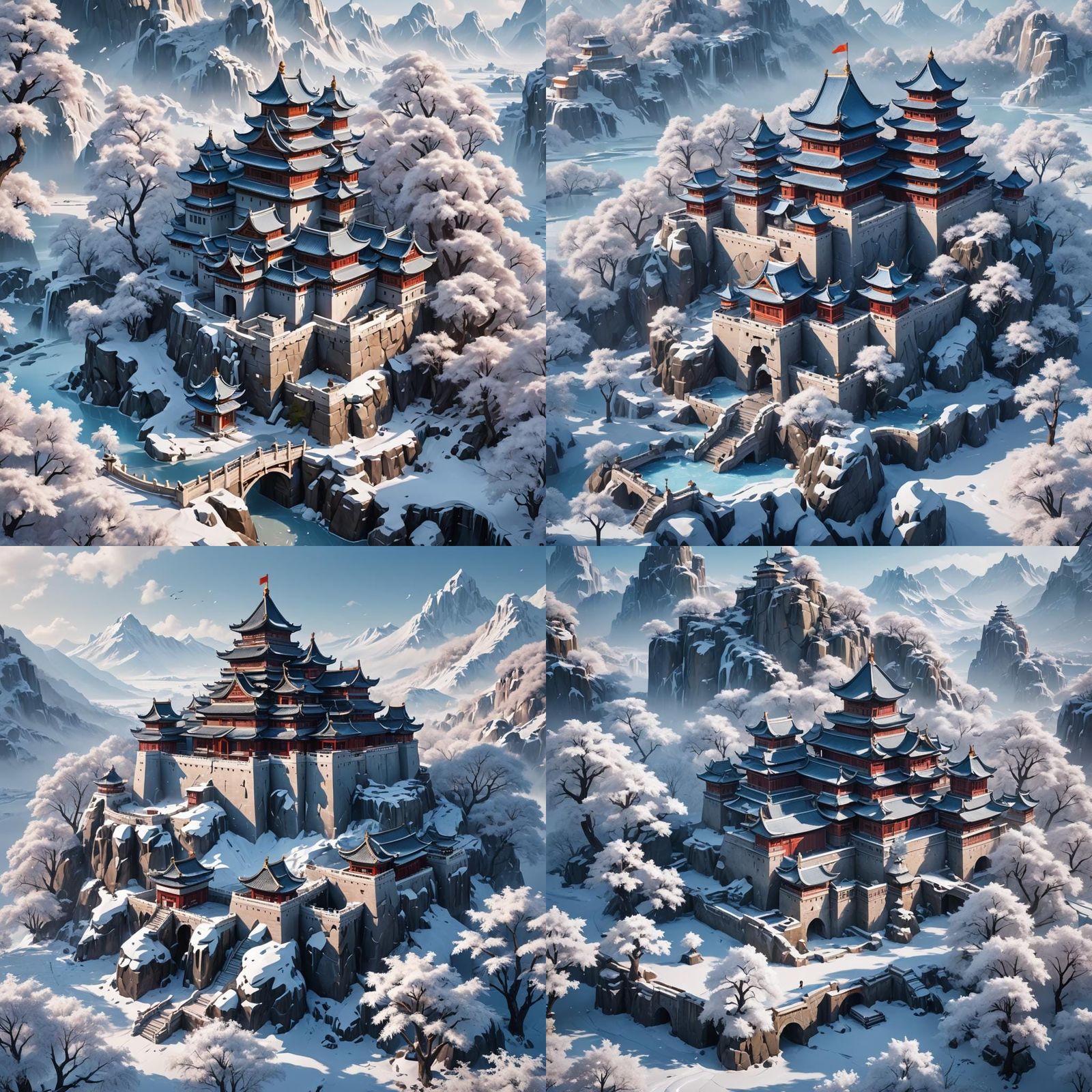 a chinese castle in a wonderful ice land with some trees bes...