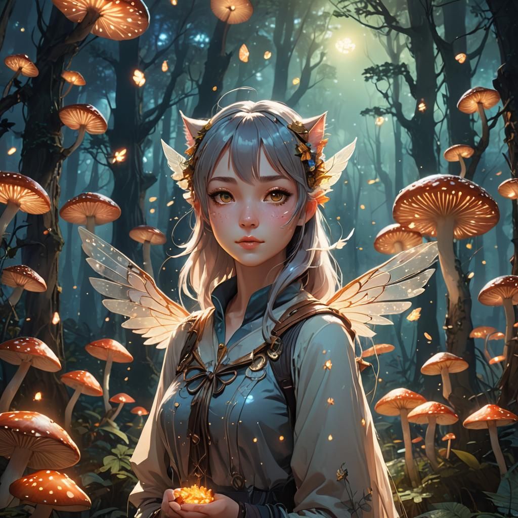 Winged Cat-Girl in Mystical Forest: Anime 3D Render