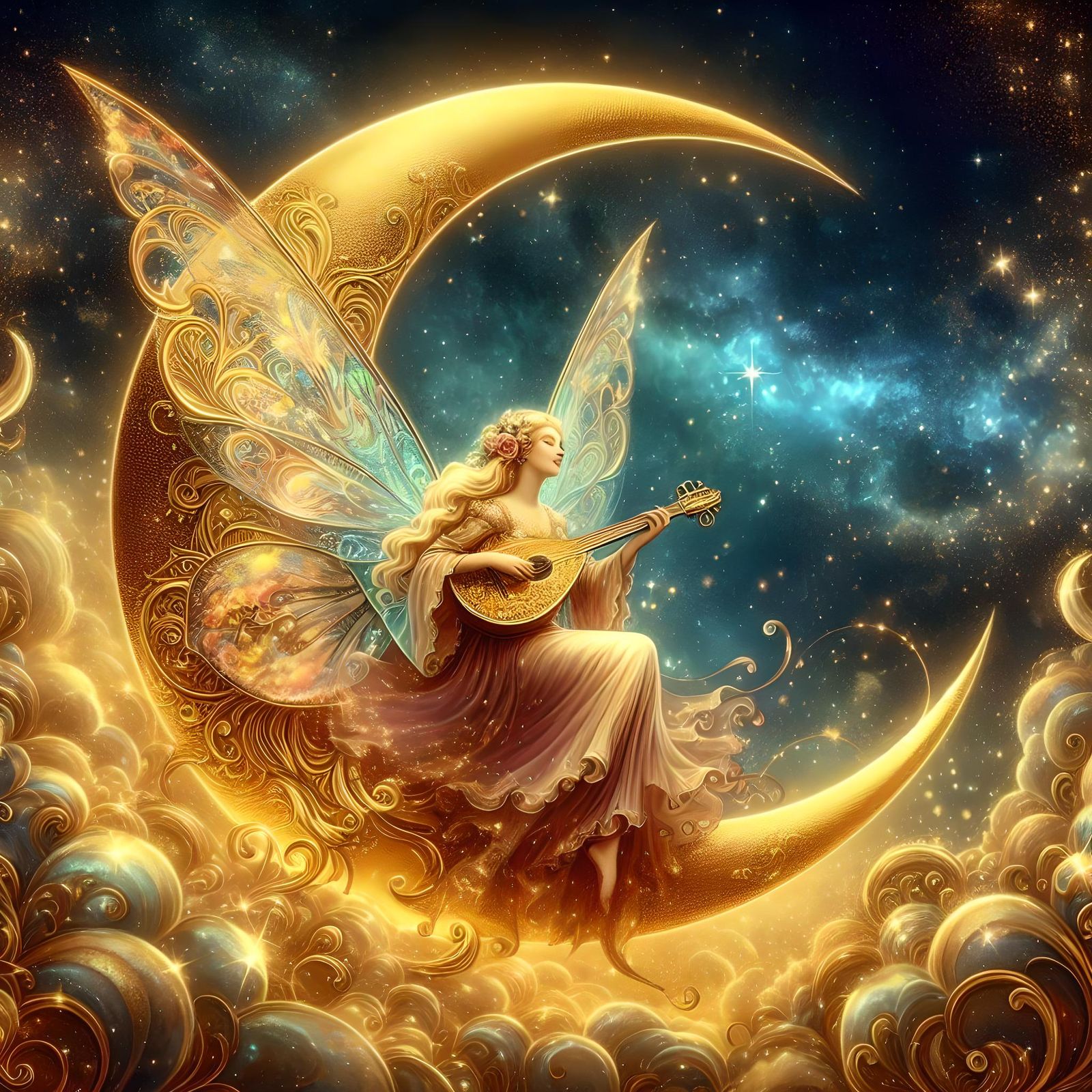 Fairy Plays a Lute on a Crescent Moon, a series