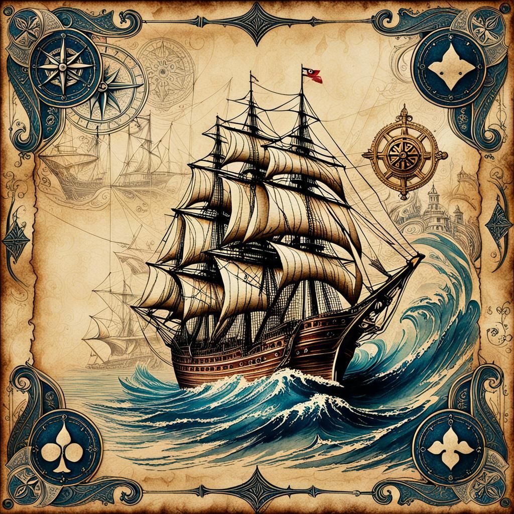 A wonderfully decorated old parchment paper, with a tarnished edge.In