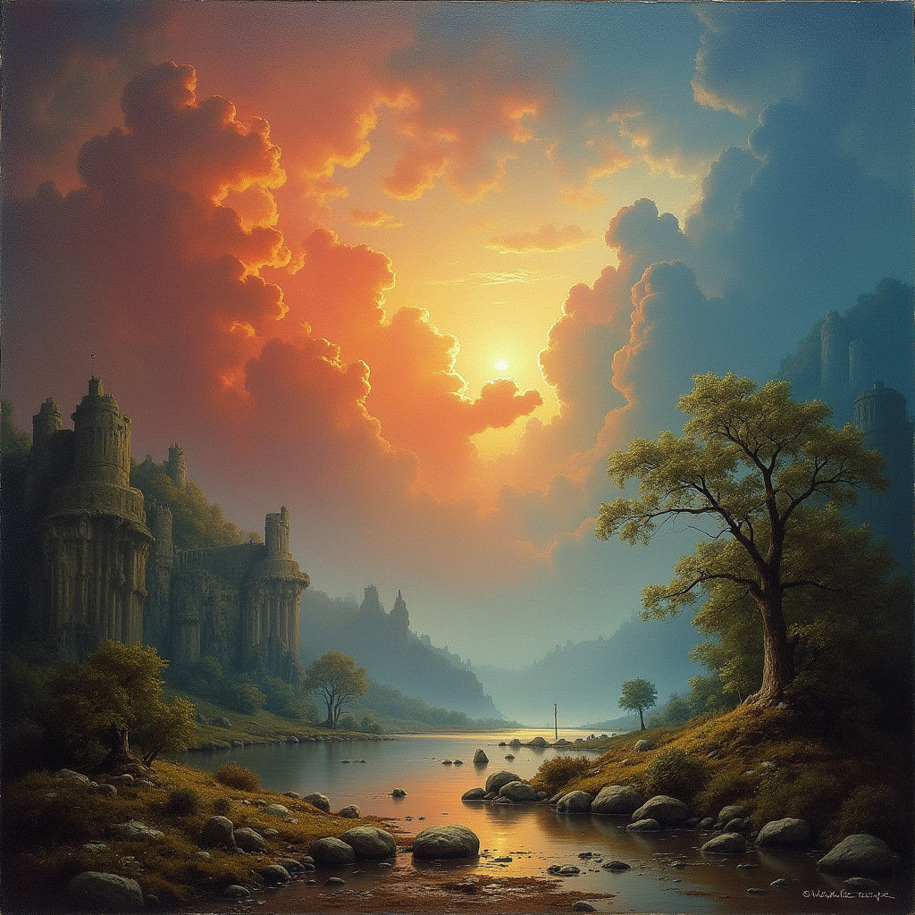 Golden Sunset in Autumn Landscape with Romanticism and Point...