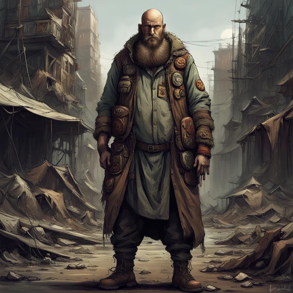 Post-apocalyptic man. He's a rotund and bald man, bushy eyeb...