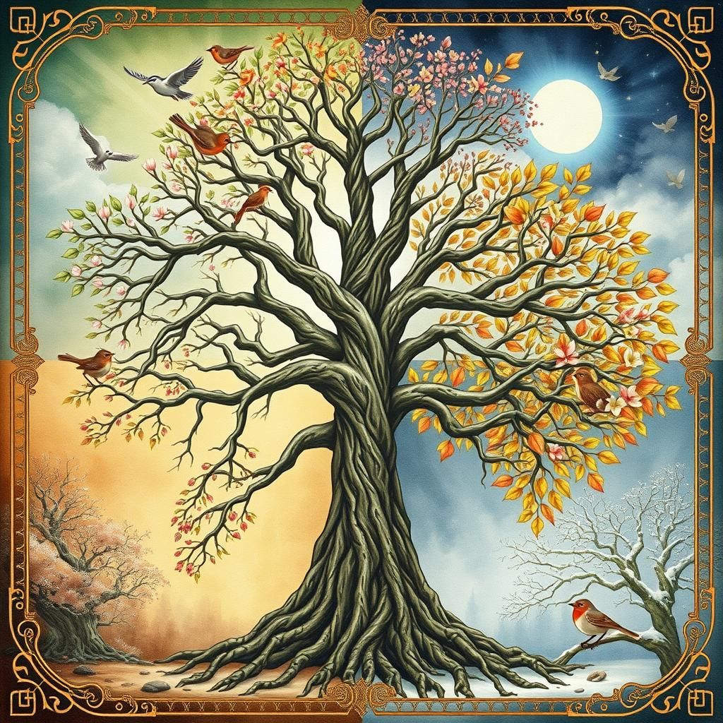 Seasons: Yggdrasil Merges with The Cycle of Life (upscaled, open prompt)