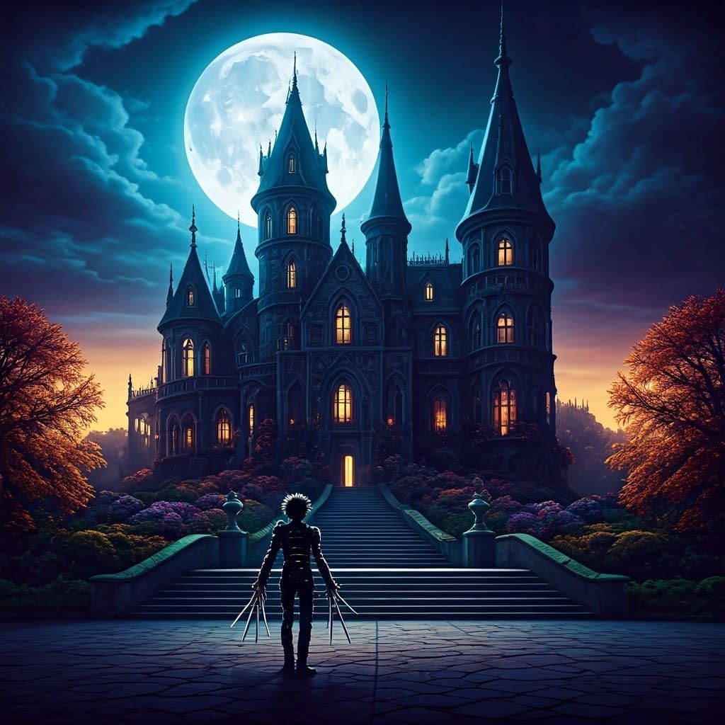 Halloween scene inspired by the Tim Burton movie, Edward Scissorhands.  A giant dark creepy mansion in the background with Edward scissorhan...