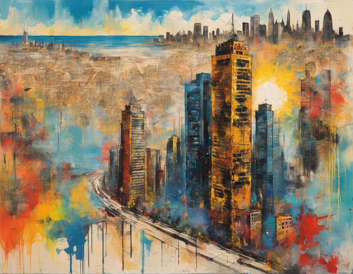 Urban Fusion Dreamscape

Art Styles and Mediums: Modern ink painting, watercolor blending, digital collage, grunge textures, light glow effe...