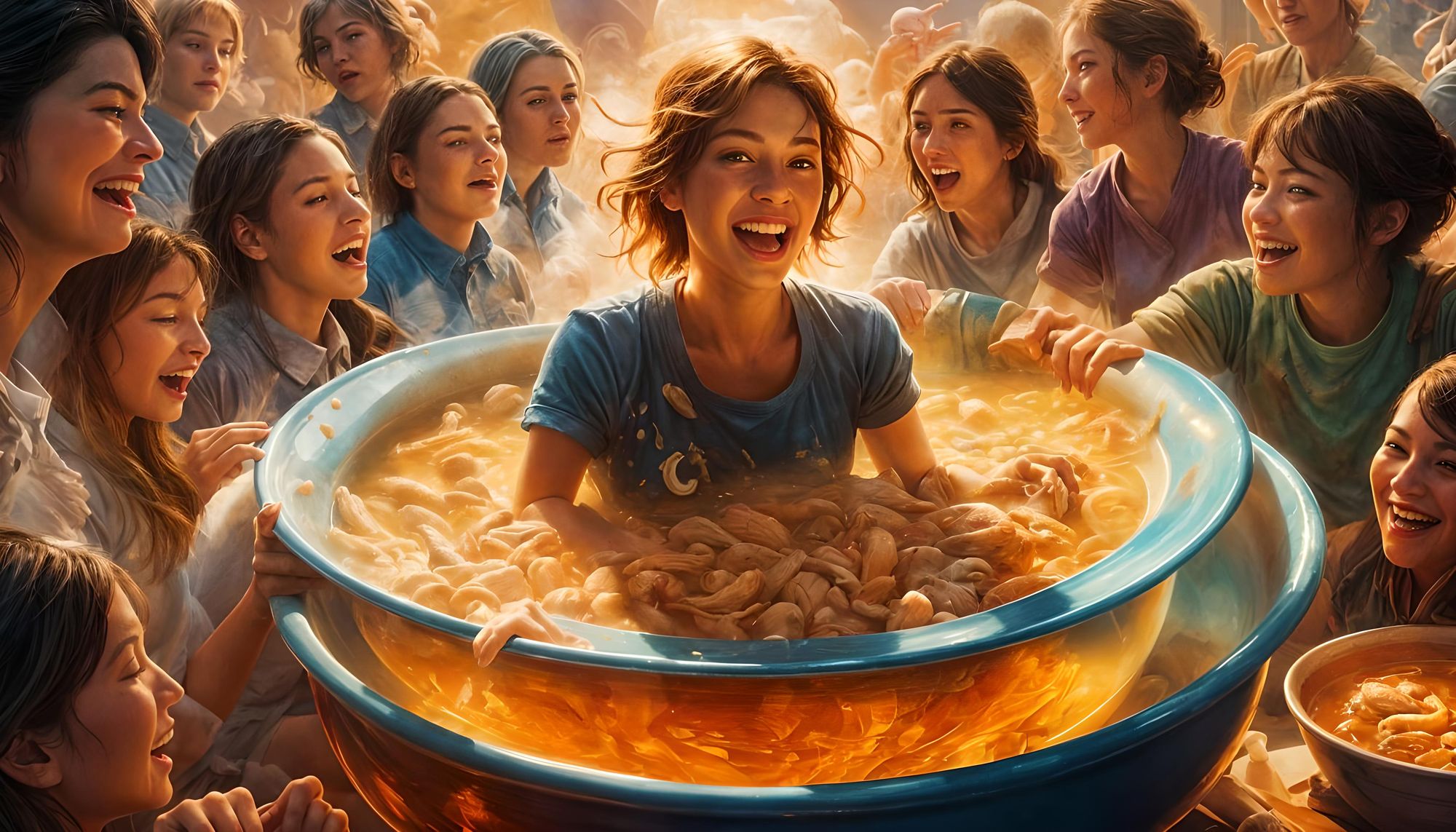 Many American women standing inside a large bowl of chicken soup, photorealistic
