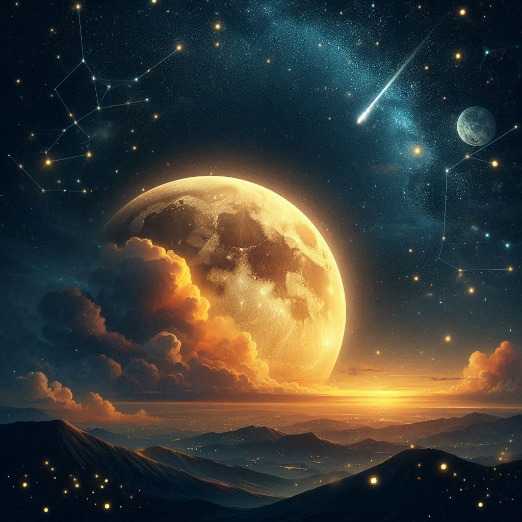 A realistic starry night sky with a large full moon glowing in a warm yellow color. There are different constellations in the sky and a comet flies by