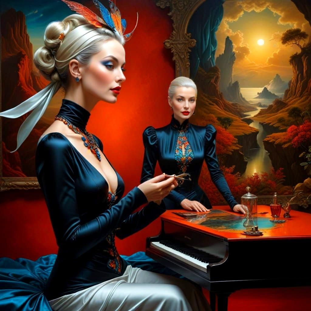 Surrealistic Portrait of a Happy Mature Lady in a Fantastica...