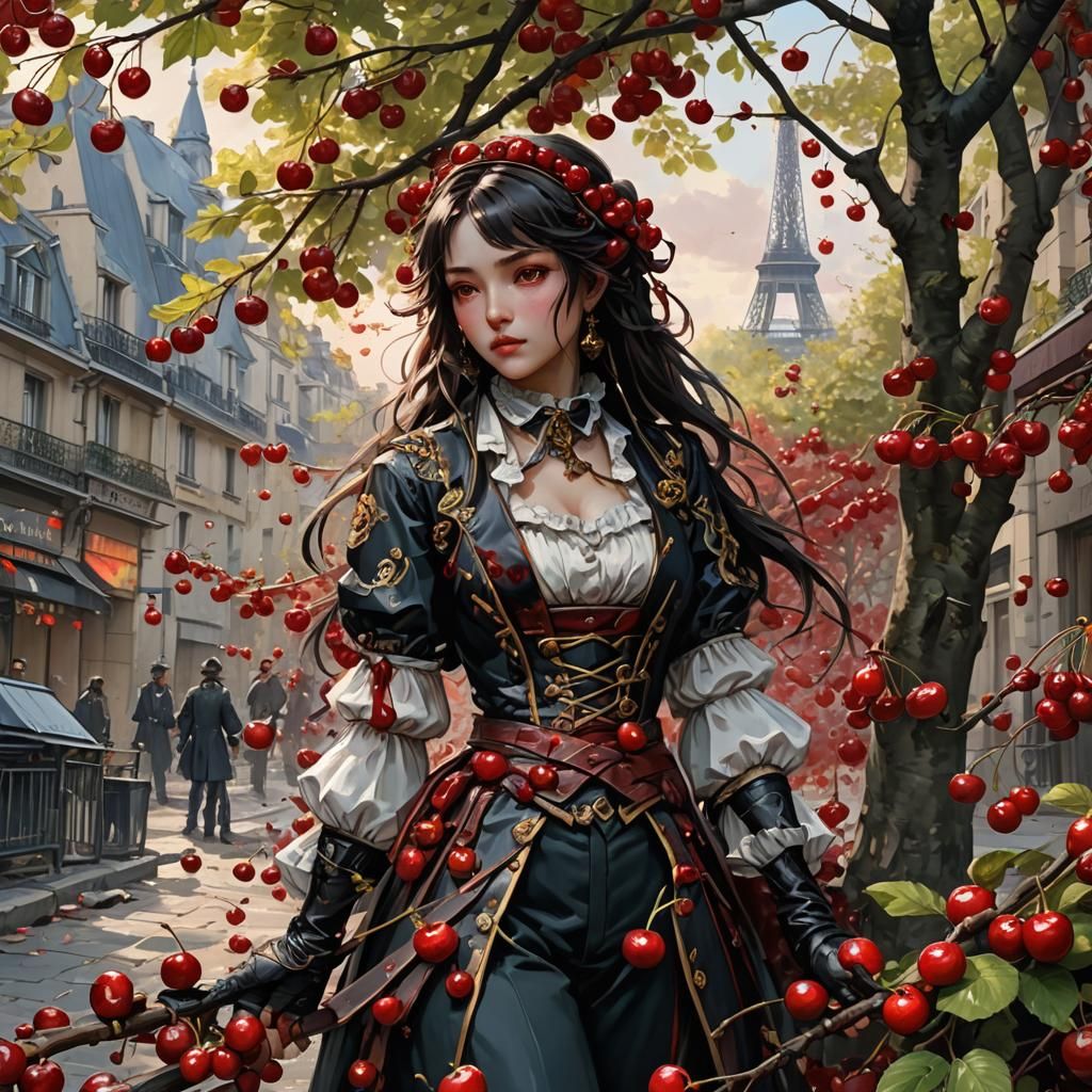 cherry time Barricade in Paris
Cherries drop of blood revolution

light at dawn ; watercolors ; 16k resolution concept art by Moebius Gustav...