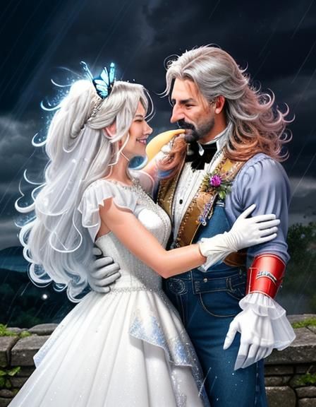 Lady Timpani's silver tresses cascade down her back like a river of moonlight as she stands beside 30 year old Super Mario in a tender, kiss...