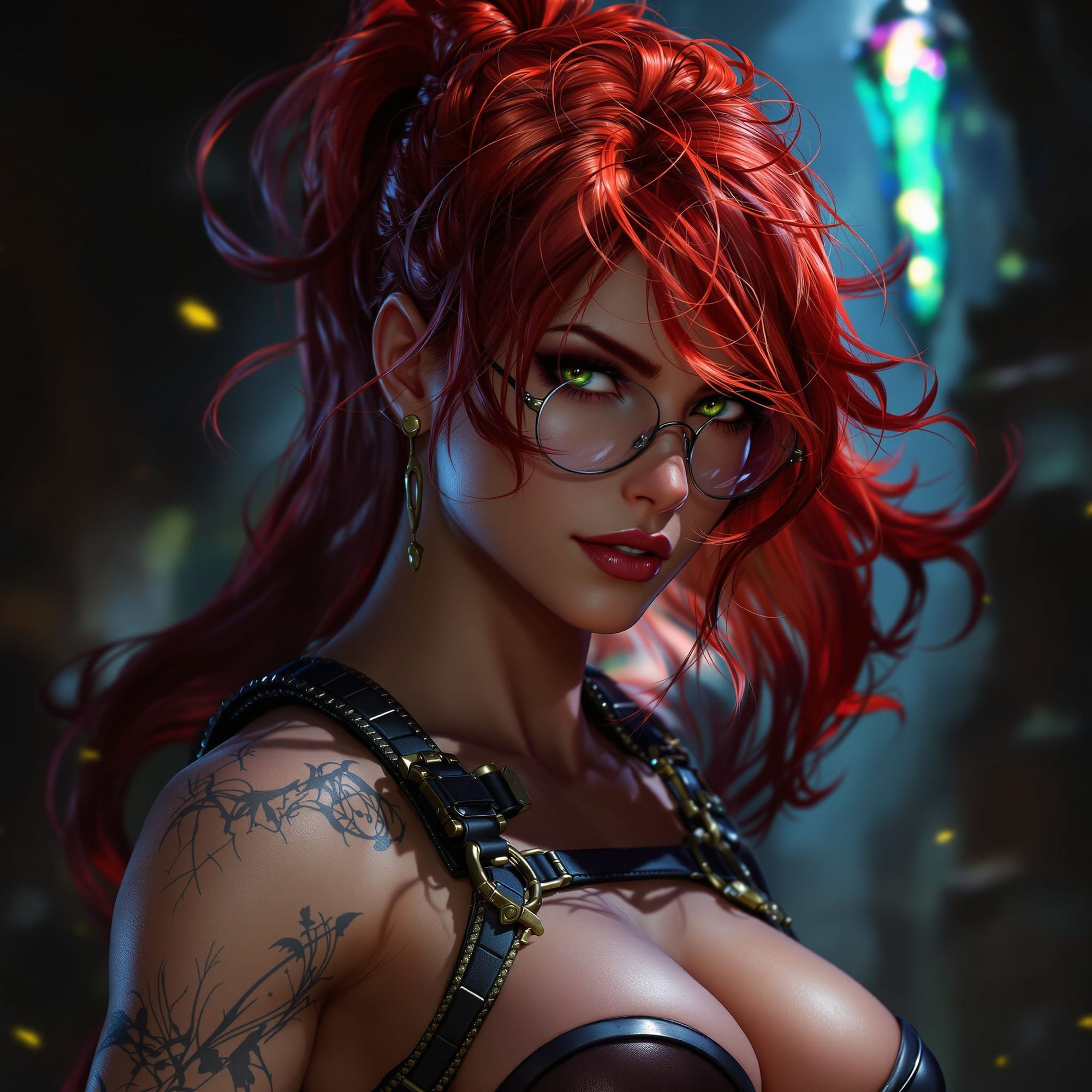  Muscular red haired woman with green eyes and glasses wearing attractive harness, a masterpiece, 8k resolution, dark fantasy concept art, b...