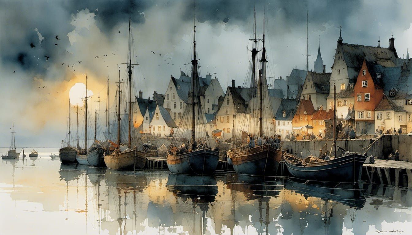Old Danish fishing harbor in the evening light