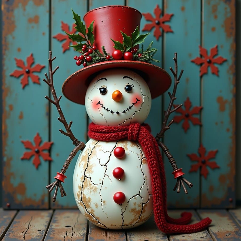 <lora:HYGGE VIBE:1.0> large crackled snowman wearing a tall ...