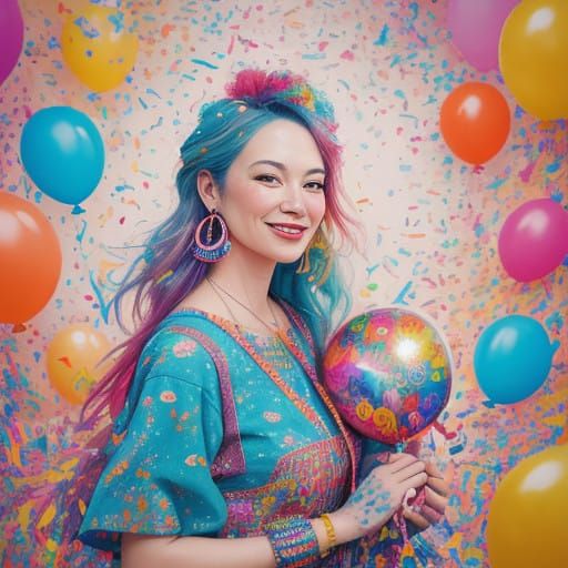 Joyful Woman Celebrates in Vibrant Whimsical Scene