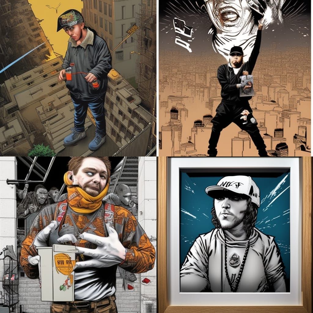 white male Rapper in the style of "Banksy"