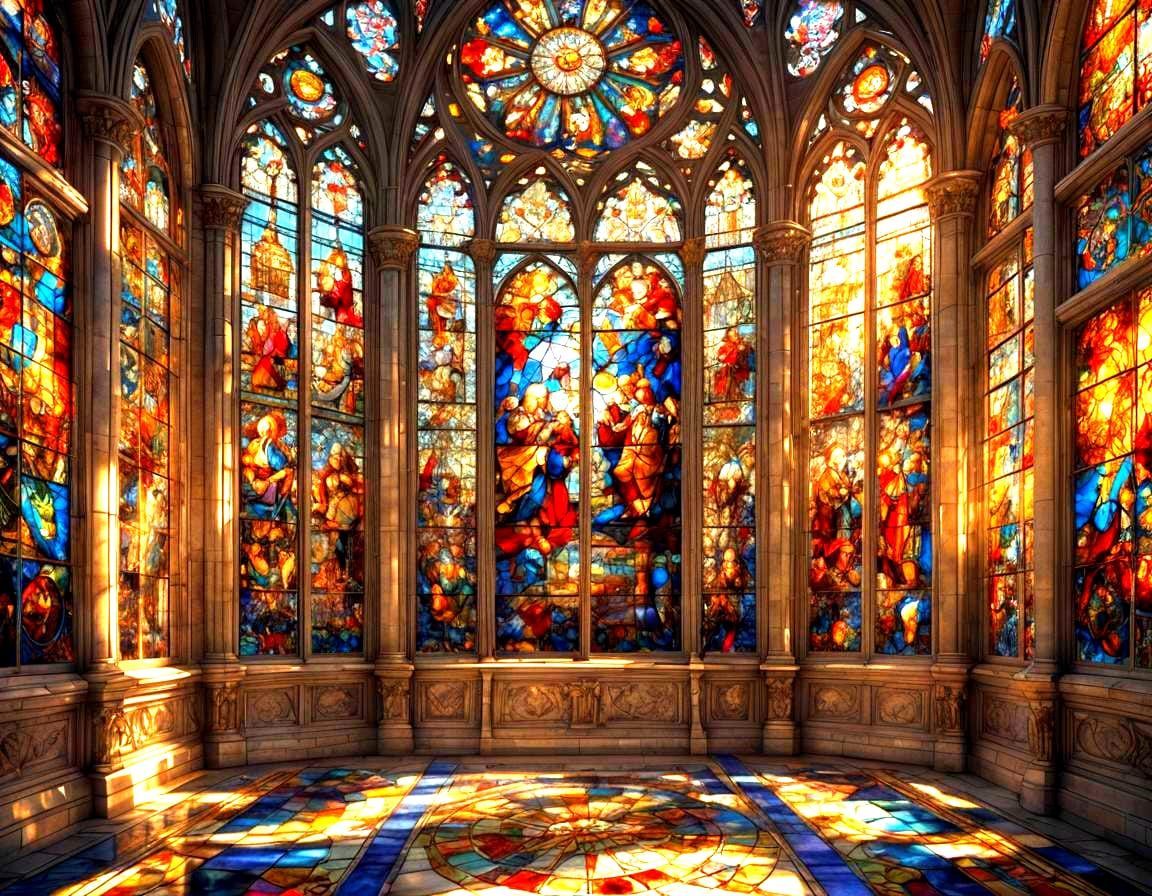 Sunlight pours through a massive stained glass window, transforming the space into a sanctuary of living ...  by @Bill 