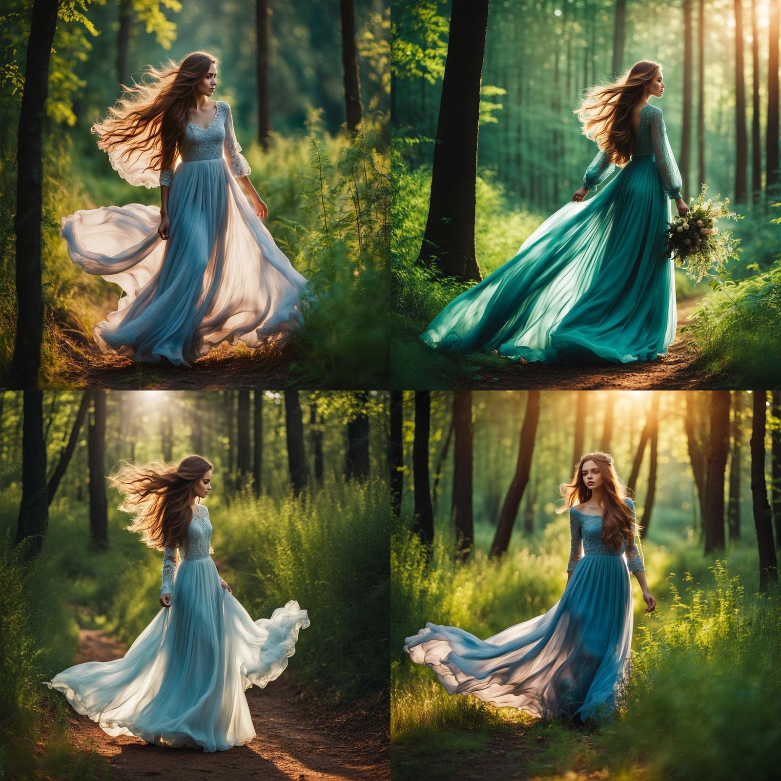 a beautiful morning in the forest, a beautiful girl walking ...