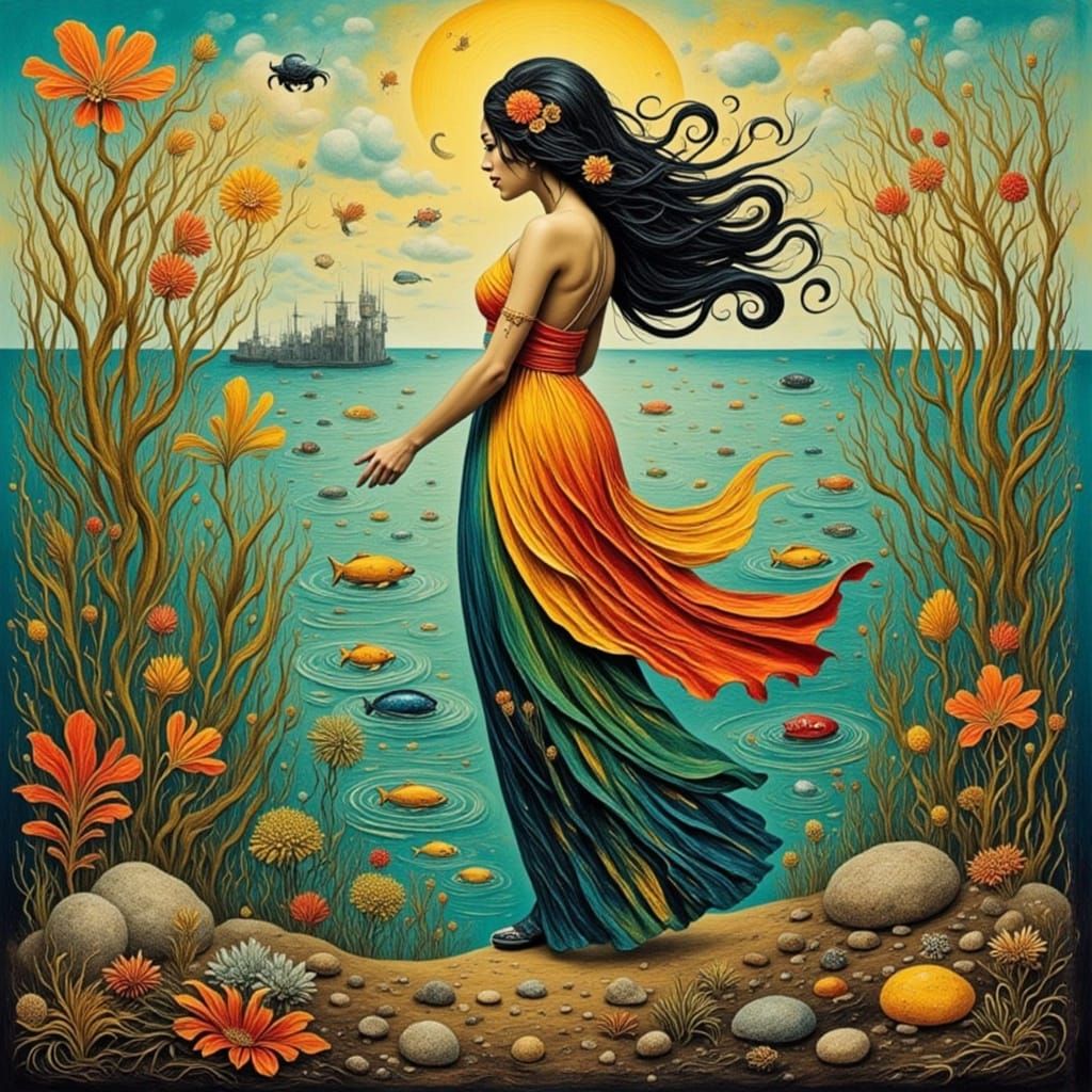 Surreal Woman Embracing Oceanic Whimsy in Neo-Expressionist ...