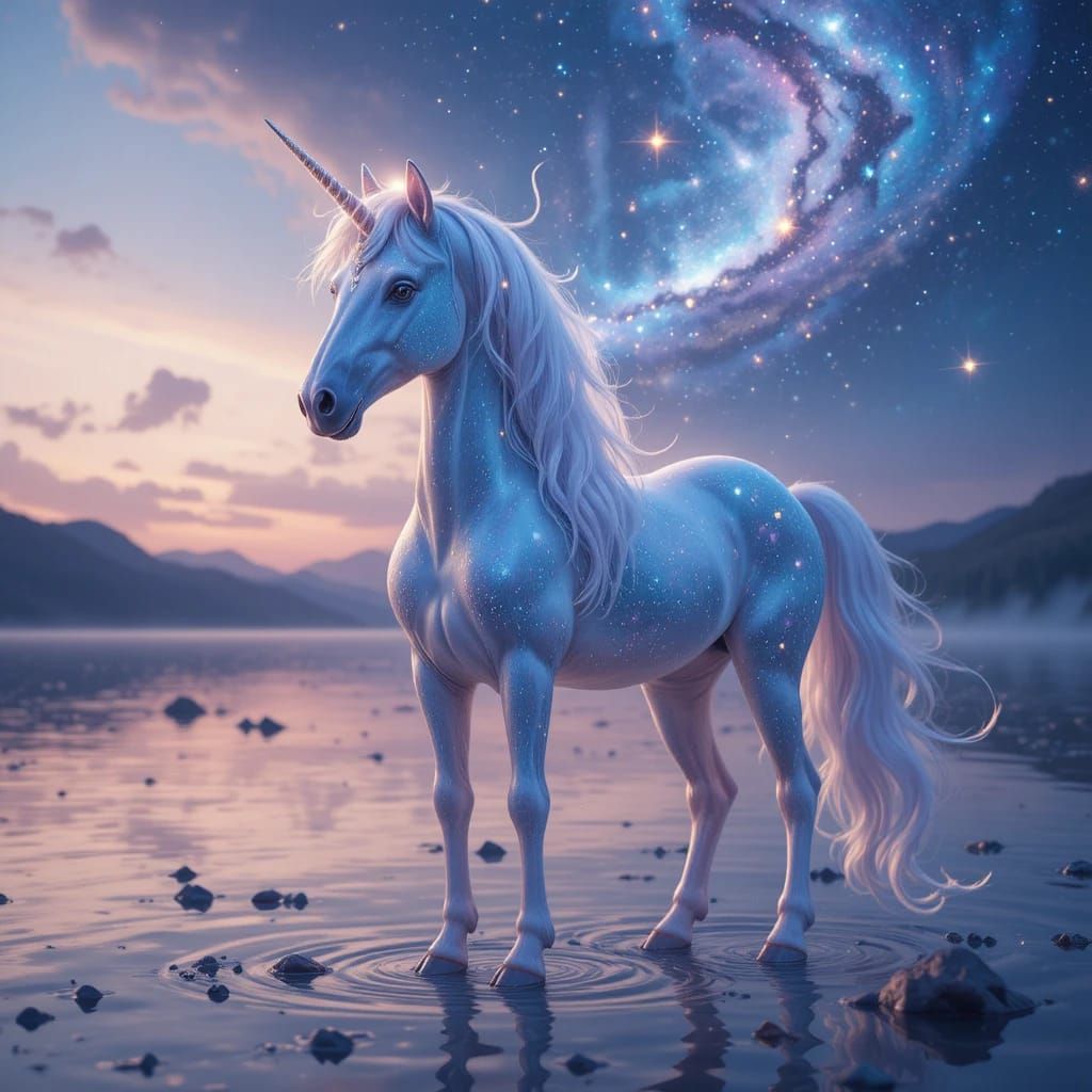 <lora:Unicorns:1.0> <lora:unifantasy:1.0> <lora:MJ Style:1.0> An iridescent, ethereal unicorn stands at the edge of a crystalline lake, its ...