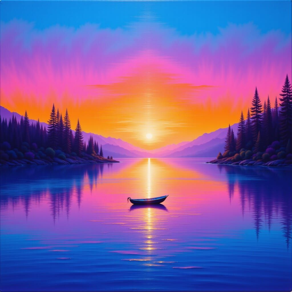 <lora:Atmospheria:1.0> A lone boat drifts on a tranquil lake at sunset, where vaporwave meets impressionism. Bright gradients of blue, fuchs...