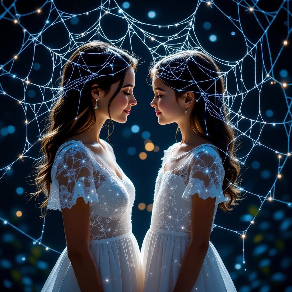 Изобрази сцену в стиле магического реализма. Мать и дочь стоят рядом, их силуэты и черты лица полностью сотканы из тончайших светящихся паут...