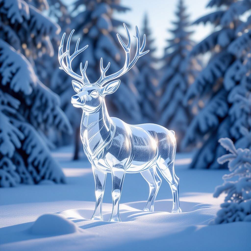 Ice Reindeer Statue in Snowy Forest