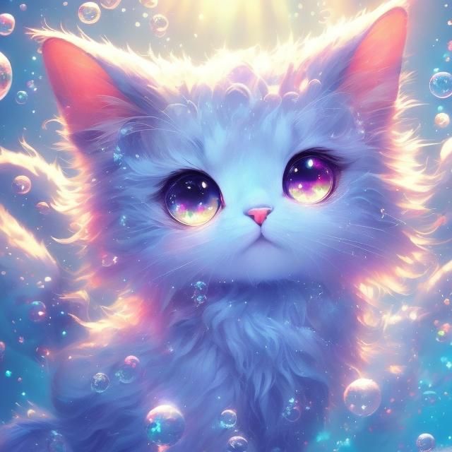 <lora:Everlasting Memories:1.0> Portrait of an adorable mythical beautiful cat swimming underwater, rays, awestruck, big eyes, bubbles, anim...
