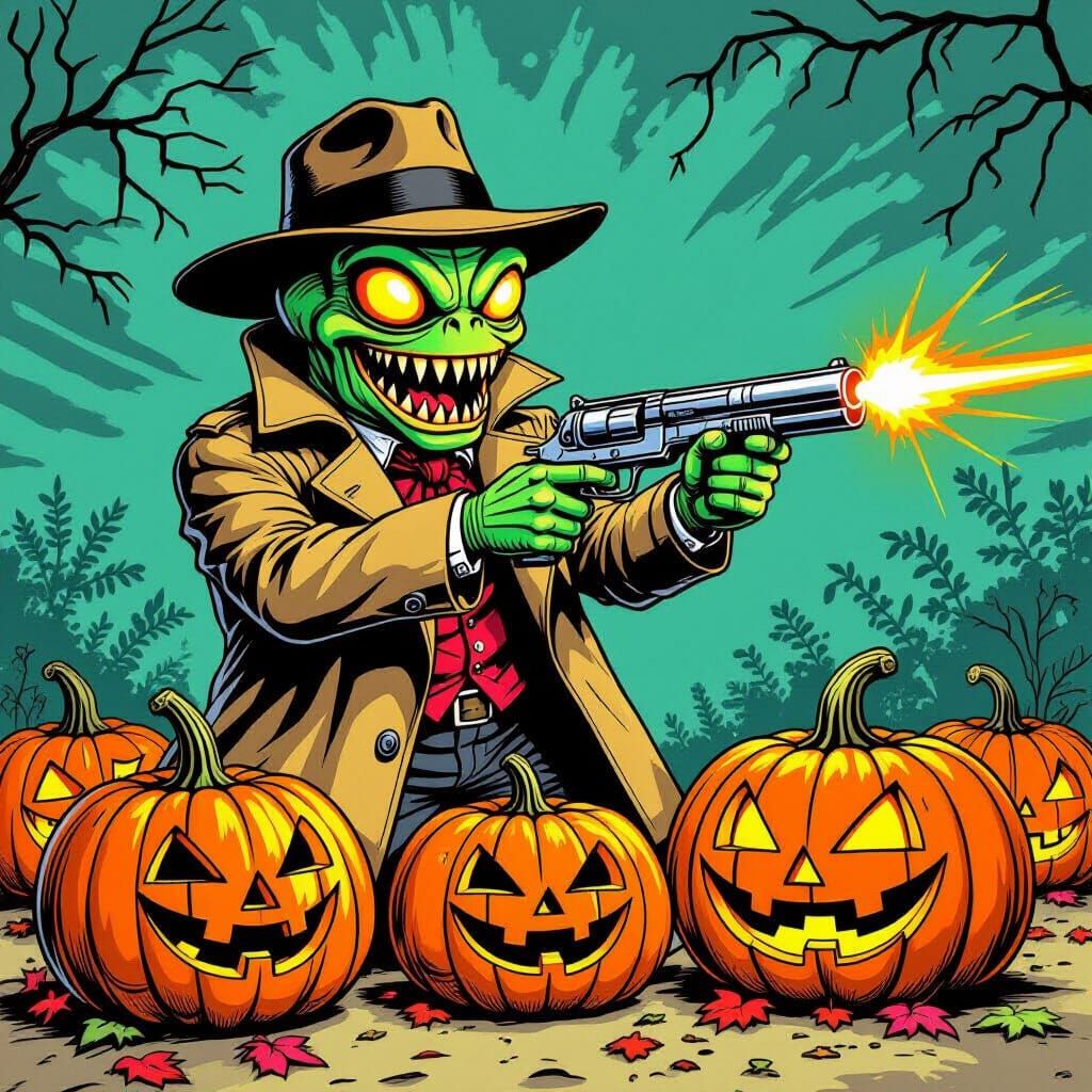 Alien from another galaxy made from salami pointing a laser weapon at freshly picked pumpkins looking at the alien funny in the style of a p...