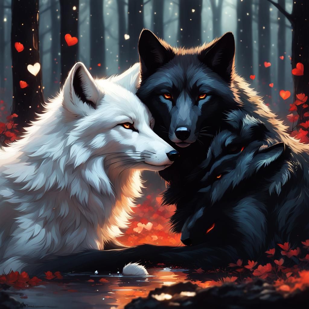 White fox and black wolf cuddling AI Generated Artwork NightCafe