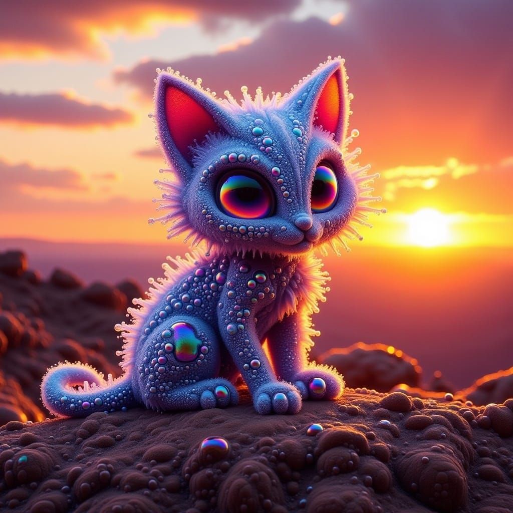 <lora:-Bubbly-:1.0> A Grumpy Kitten made from iridescent bubbles, sitting on a rock, stunning desert sunset. Endless landscape view. 